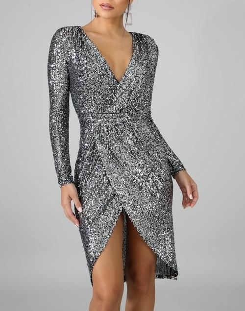 B307 Charcoal Sequin Long Sleeve Dress Size: M
