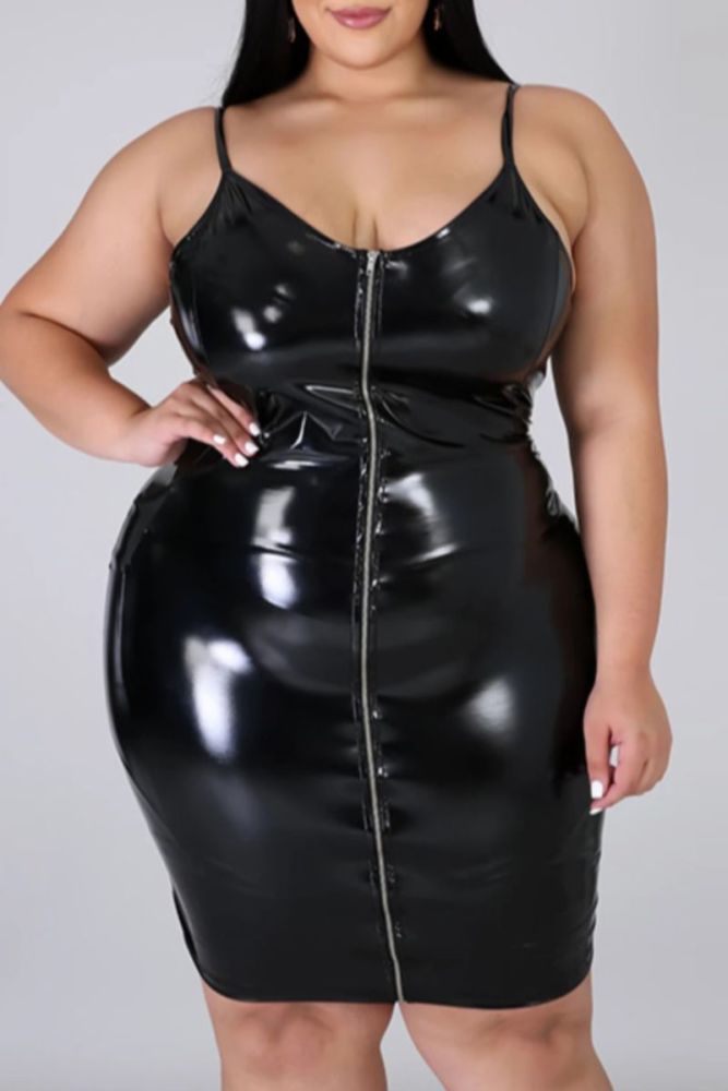 Black Zip-Up PU Leather Slim Fit Mini Dress #DDFL9 Size: 1XL
