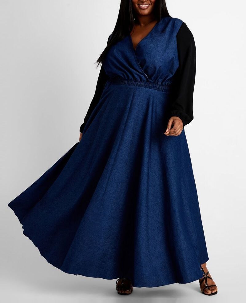 C715 Sheer Sleeve Denim Wrap Maxi Dress Size: L