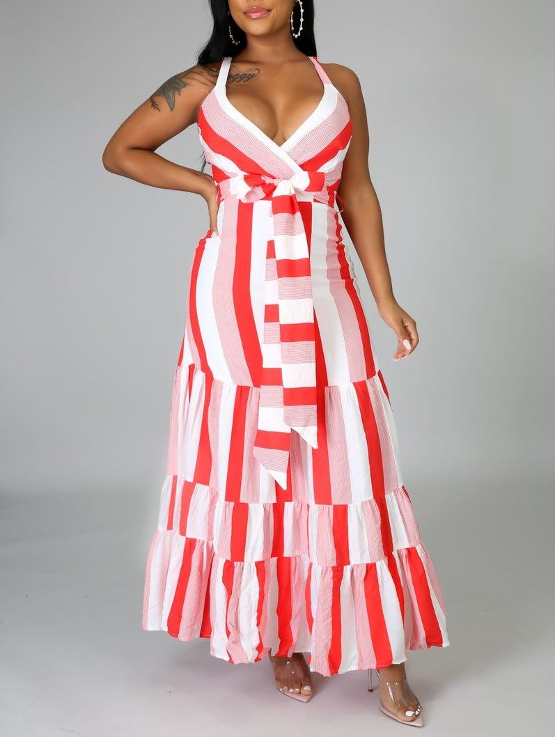 B563 Red/White Flaming Maxi Dress Size: M