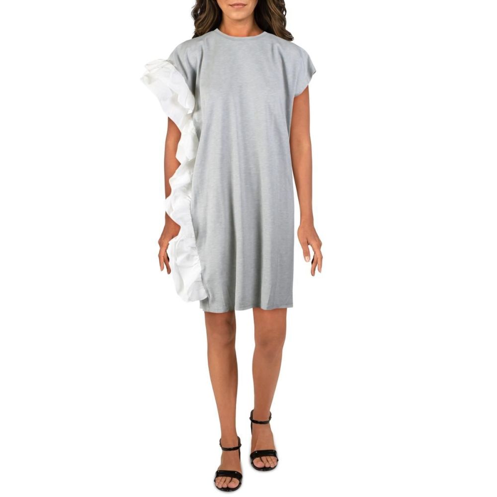 New Markdown Gray White Ruffle Trim Knee-Length T-Shirt Dress Size: 1XL