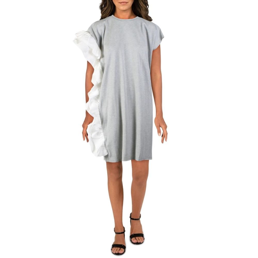 Gray White Ruffle Trim Knee-Length T-Shirt Dress Size: 1XL