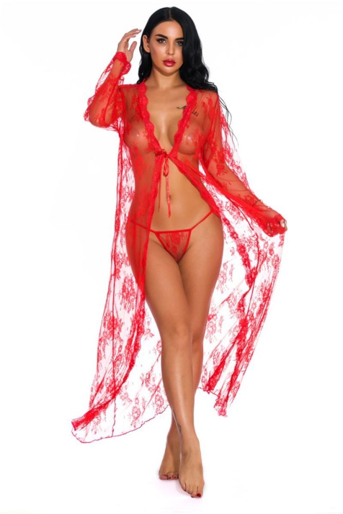 Red Lace Long Sleeve Sexy Lingerie Set