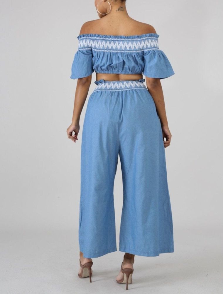 Embroidered Print Denim Pant Set Size: S