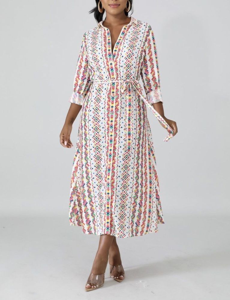 A159 Printed Long Sleeve  Flare Dress Size: S