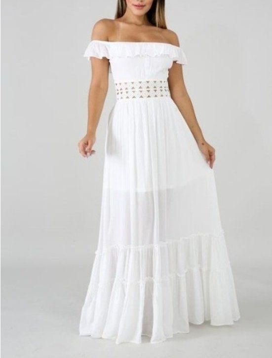 B326 White Crochet Details Maxi Dress Size: M