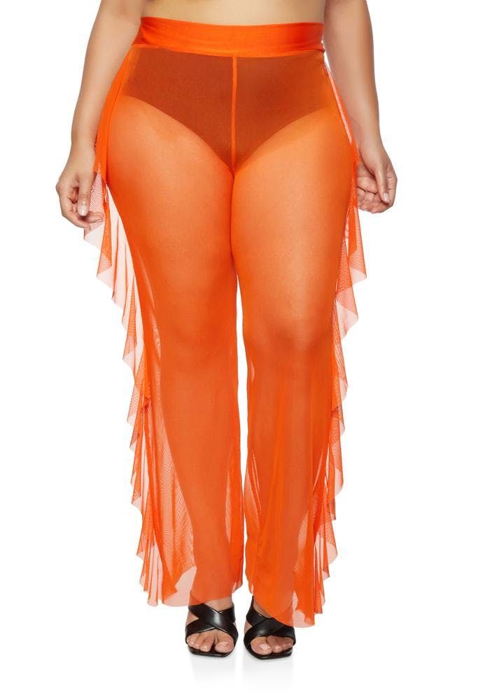 Orange Ruffled Side Mesh Pants 