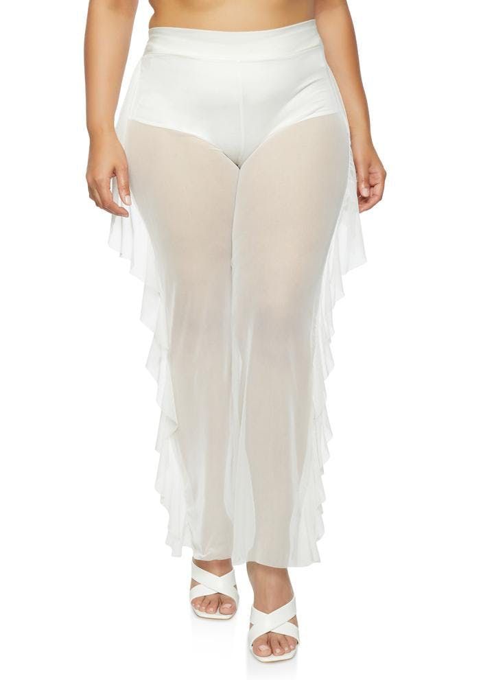 White Ruffled Side Mesh Pants Size: 2XL