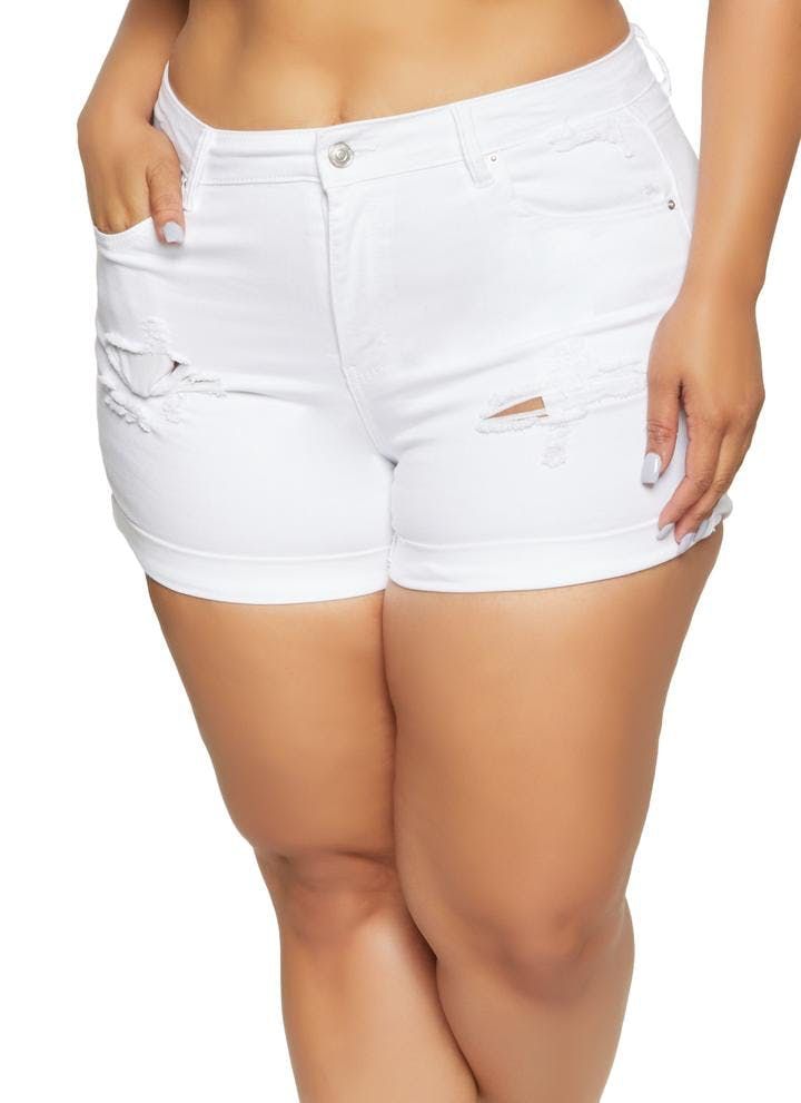 #713357 White Distressed Cuff Denim Shorts Size: 2XL