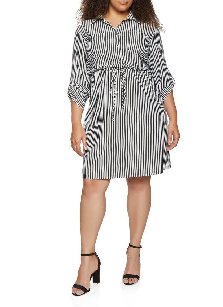 Black/White Striped Drawstring Waist Long Sleeve Dress Size: 3XL