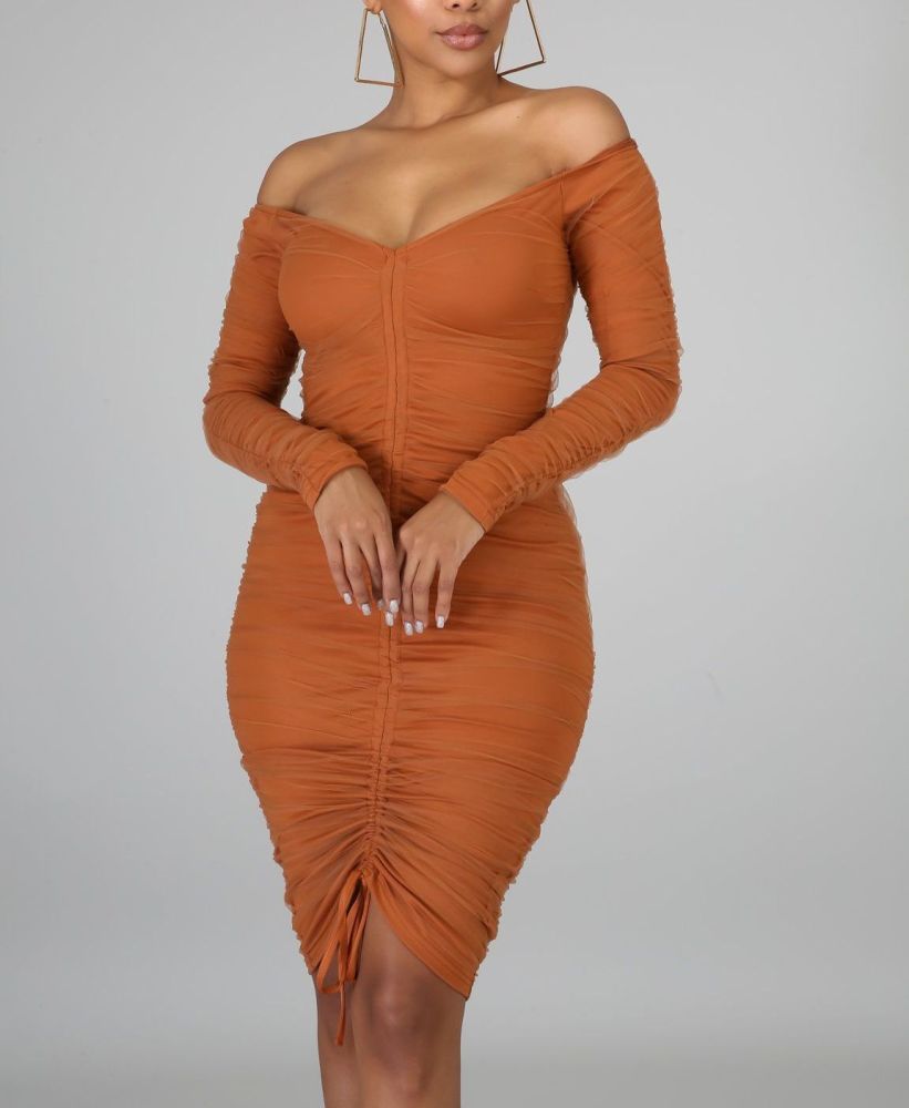 Rust Long Sleeve Off The Shoulder Dress Size: S