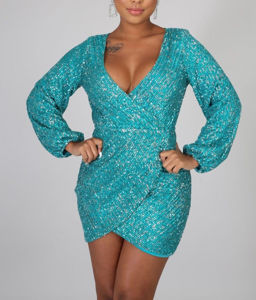 A662 Aqua Mesh  V-neck Long Sleeve Dress Size: S/M