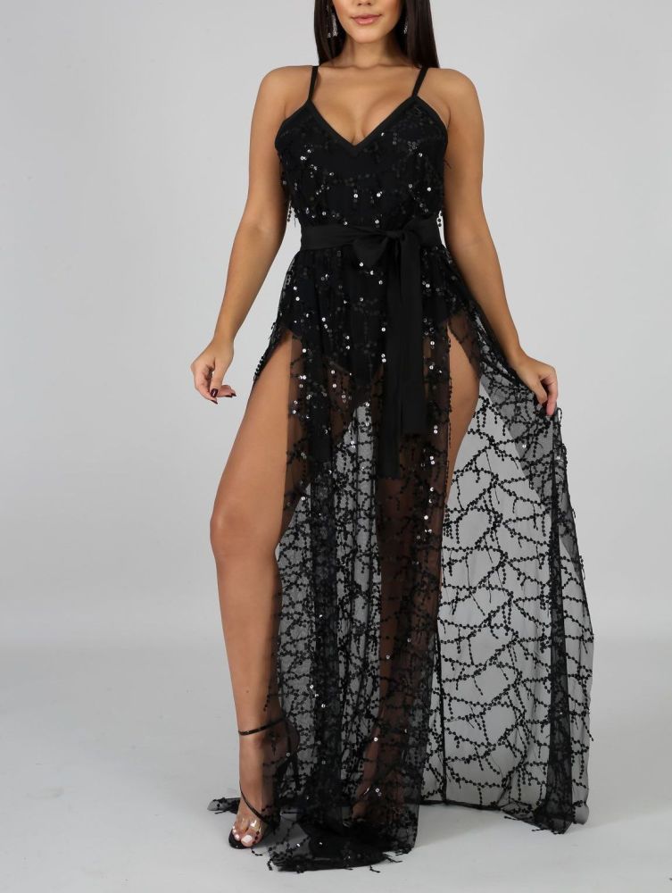 B553 Bandage/Sequin Black Slits Maxi Dress Size: M