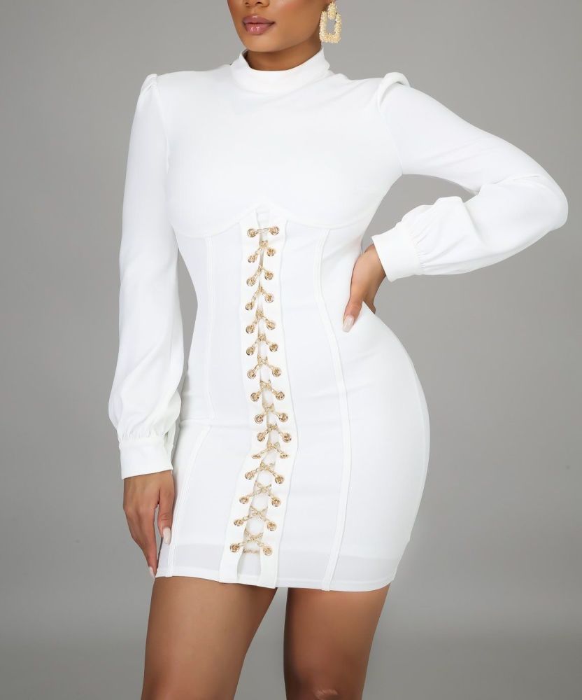 A073 White Long Sleeves Open Back Dress Size: S