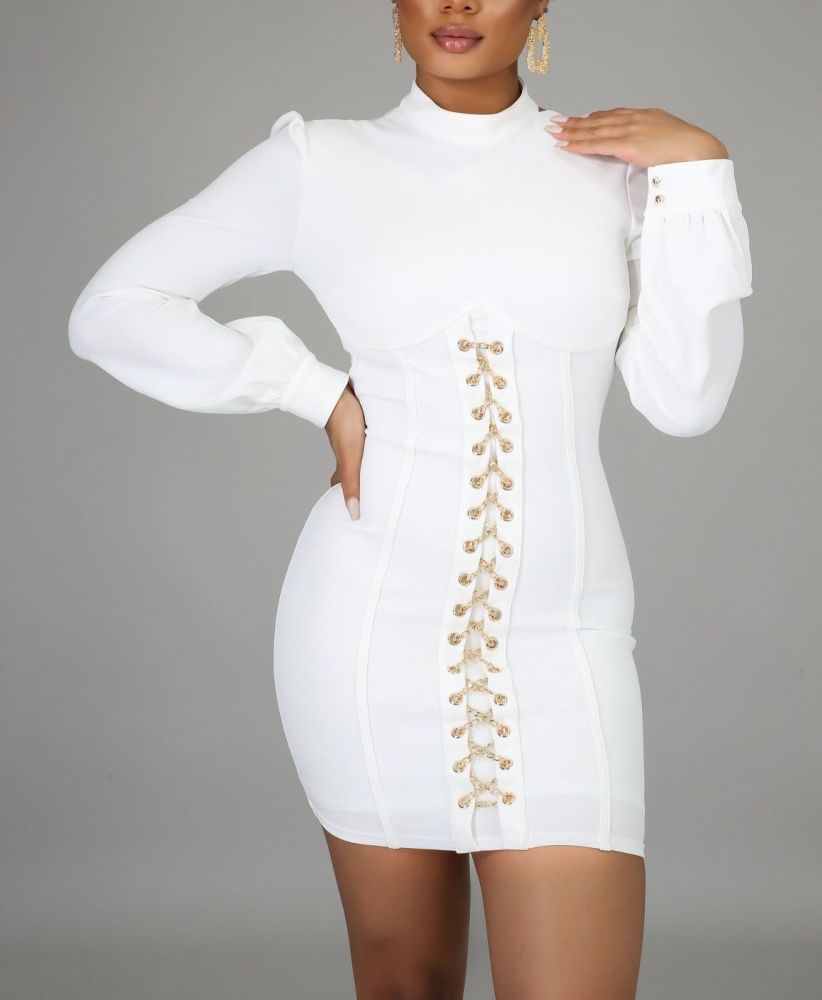 A073 White Long Sleeves Open Back Dress Size: S
