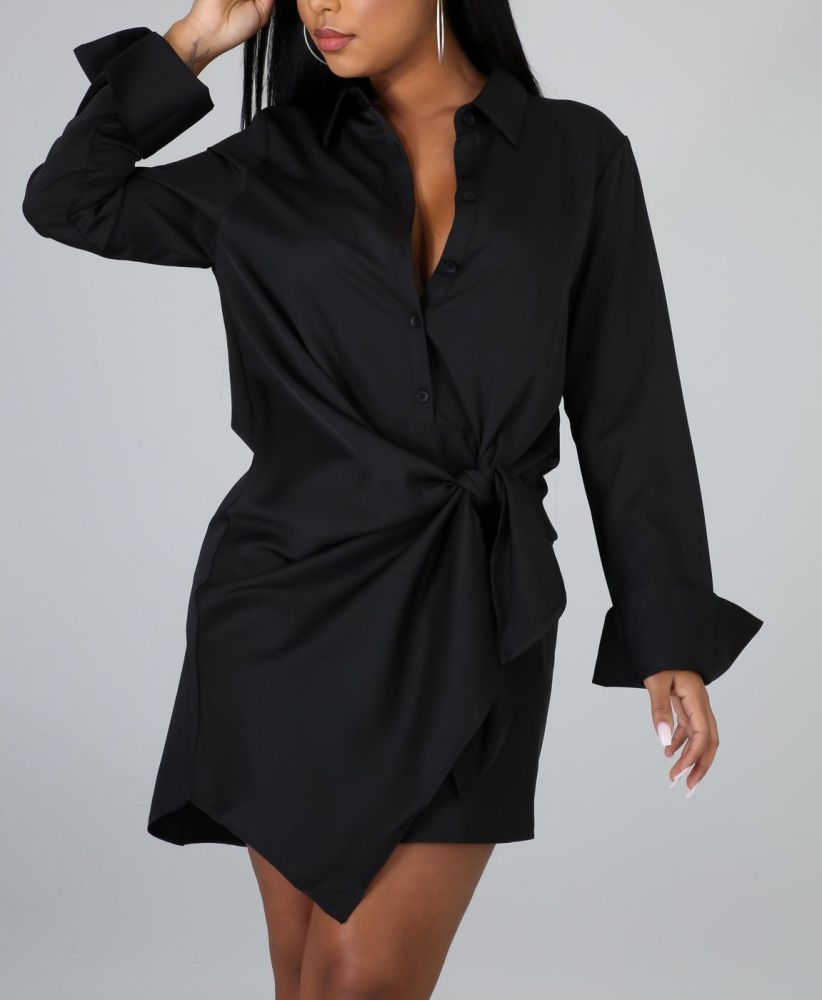 A559 Black Let's Get Knotted Dress Shirt Dress Size: S