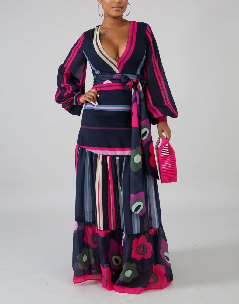 A911 Multi Color Chiffon Rosy Maxi Dress Size: S