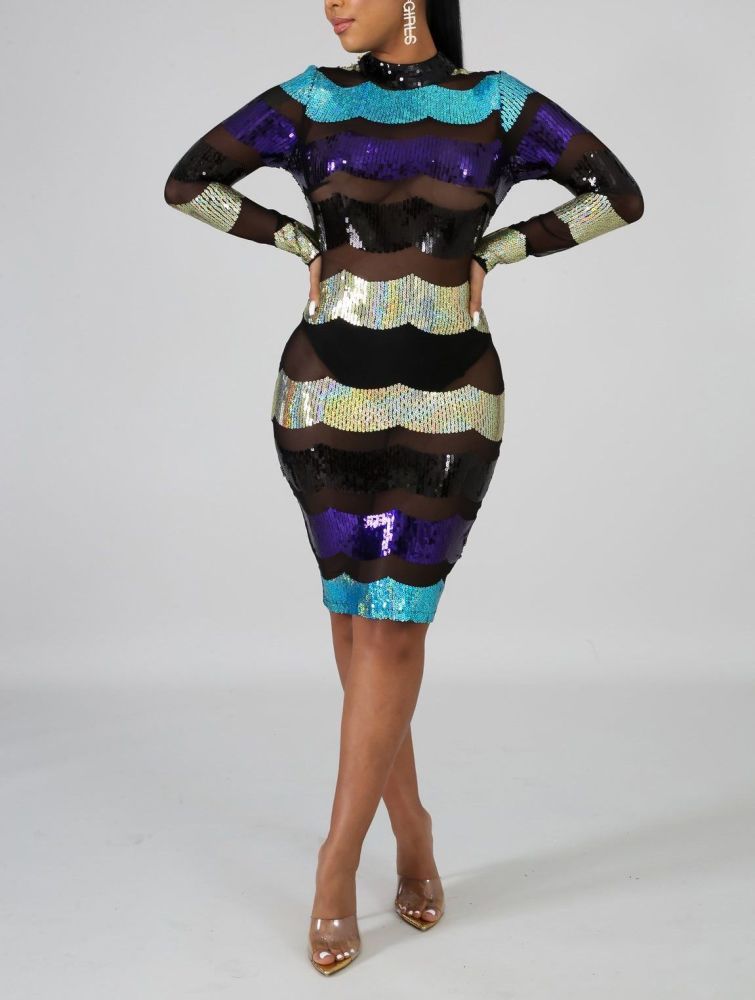 A232 Sequin Multi Color Waves Body-Con Dress Size: S