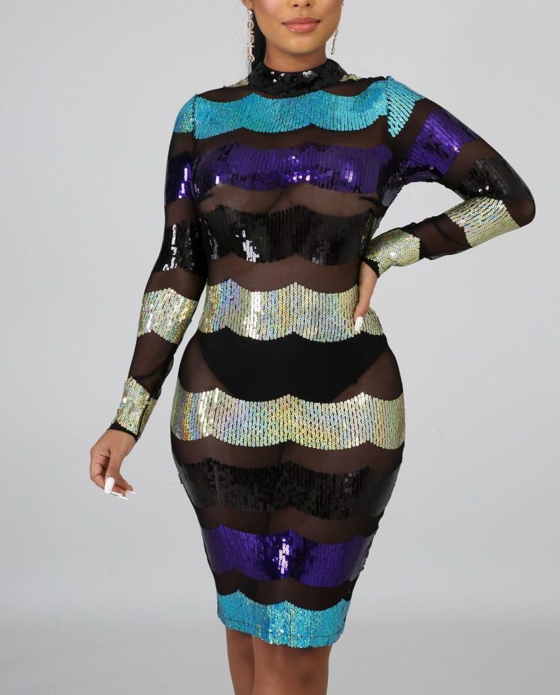 A232 Sequin Multi Color Waves Body-Con Dress Size: S