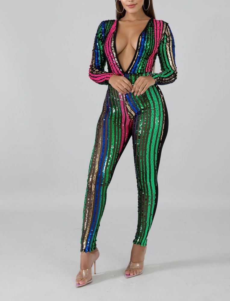 Sequin Multi Color Stripes Jumpsuit Size: S