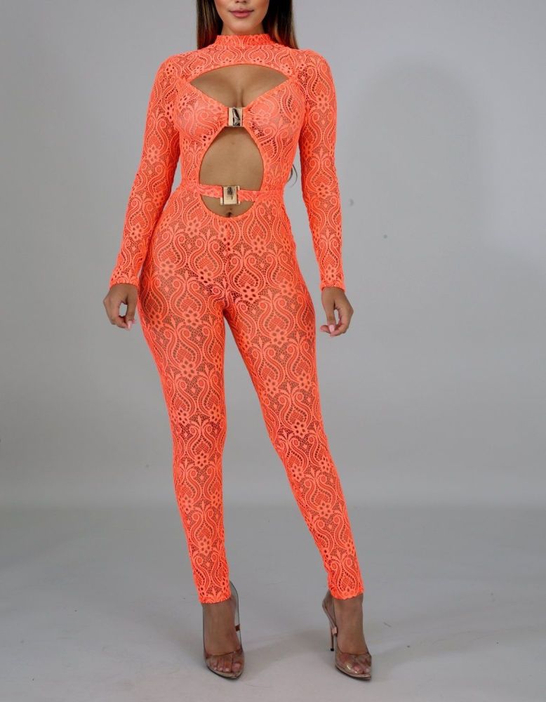 Orange Buckled Lace Jumpsuit Size: L