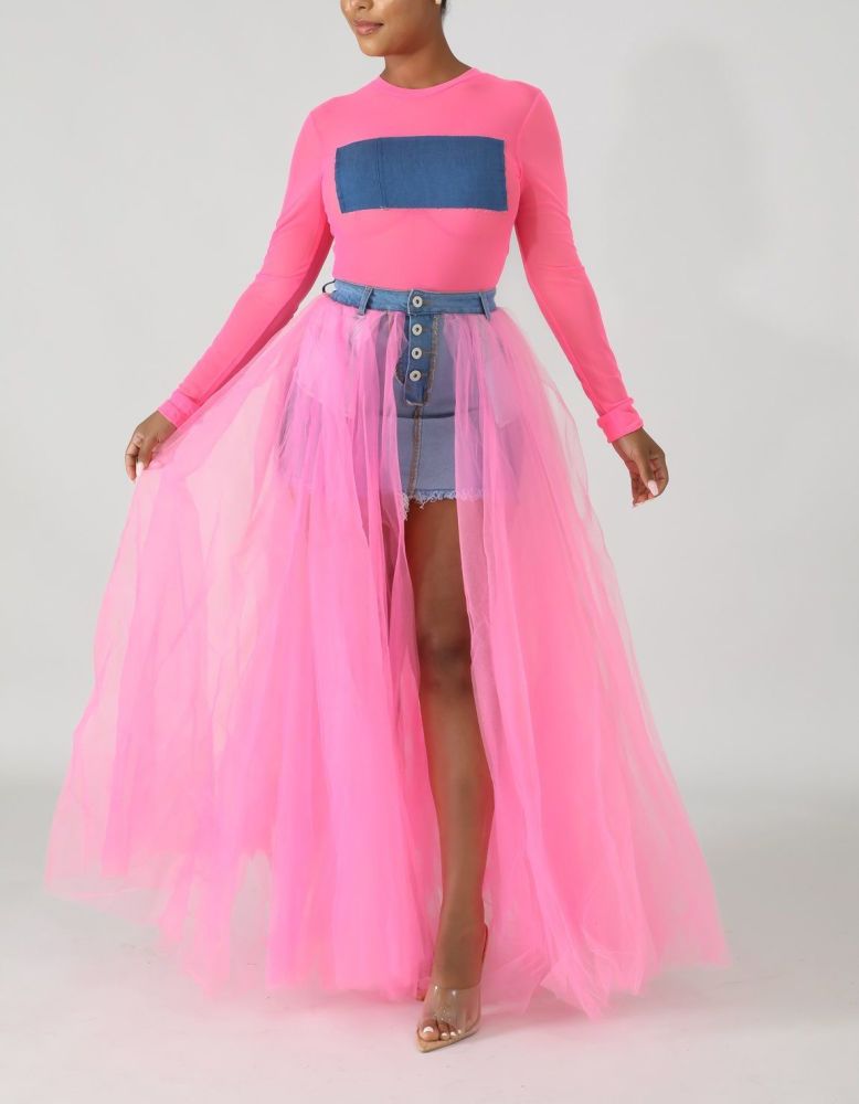 Pink/Denim Raw Tulle Maxi Skirt Size: S