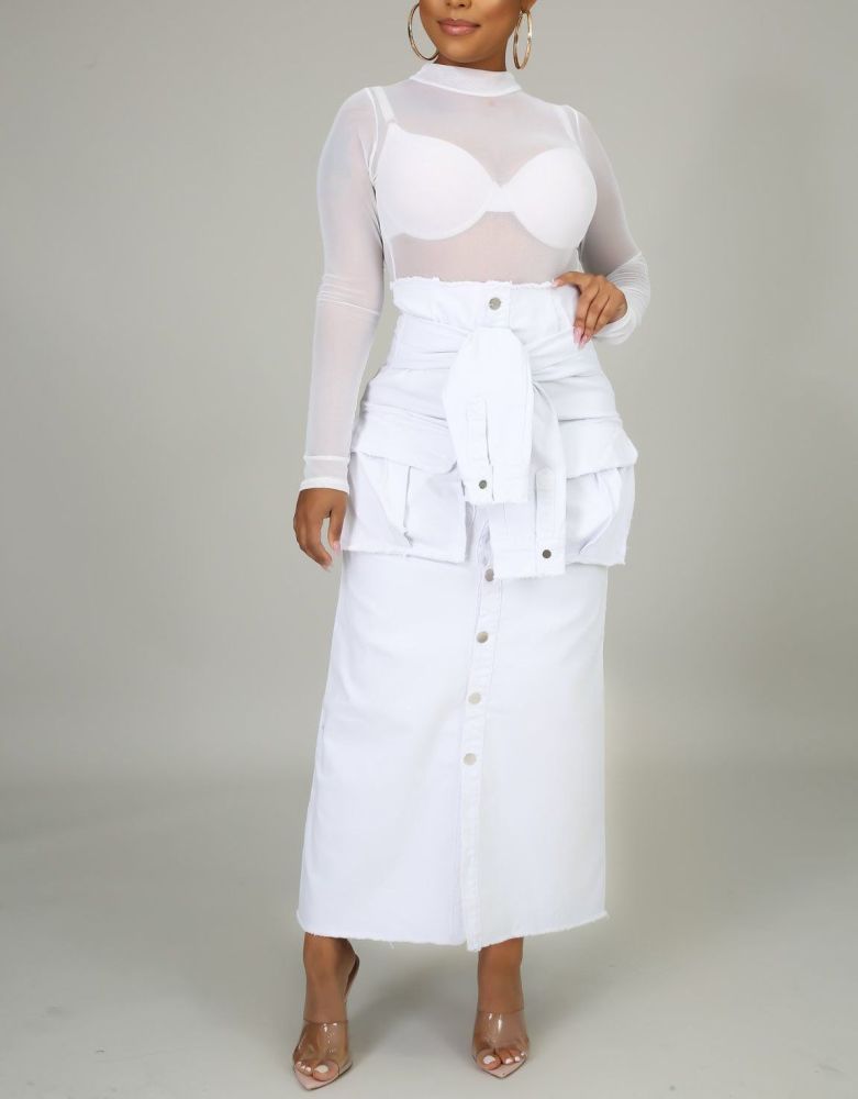 White Trim Denim Maxi Skirt Size: L