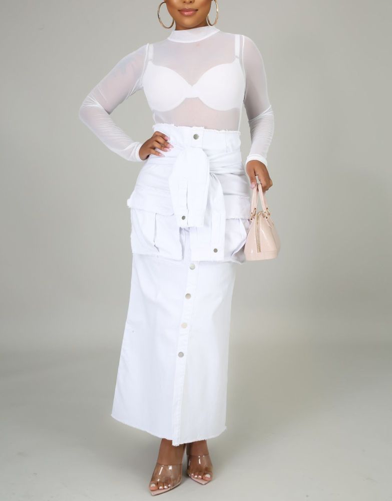 White Trim Denim Maxi Skirt Size: L