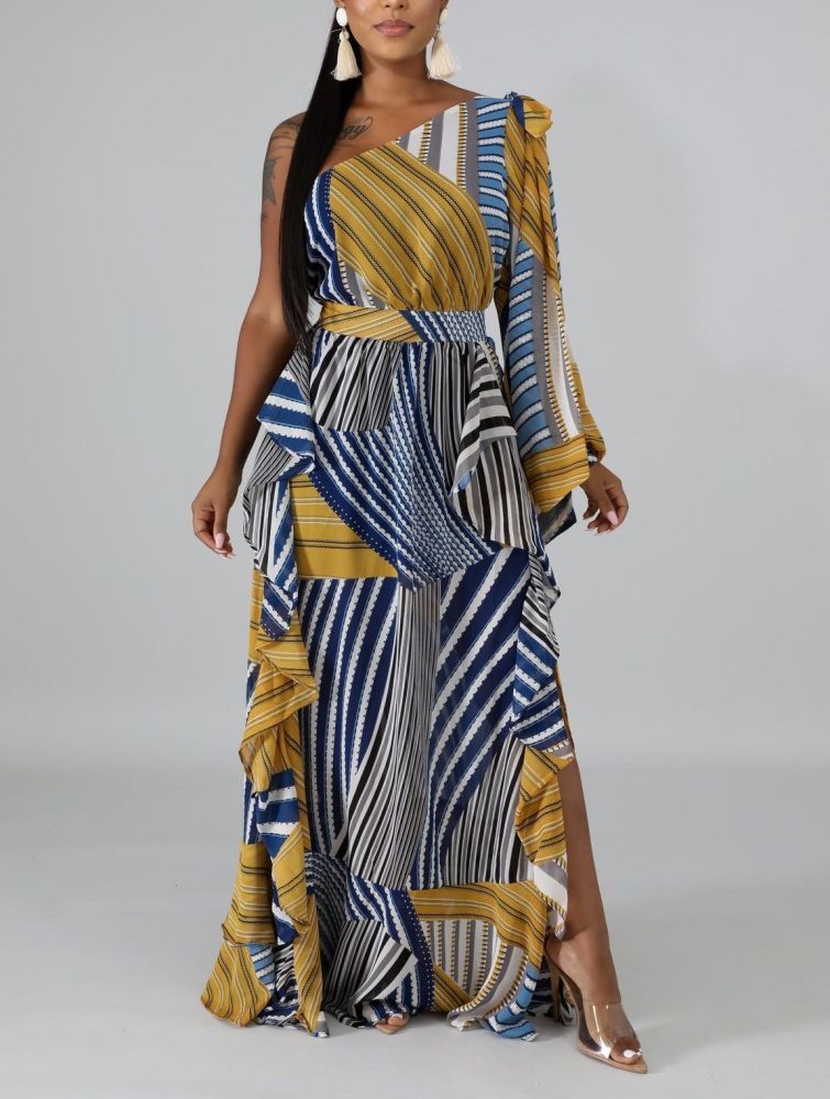 B559 Blue Chiffon Stripe Swirl Dress Size: M