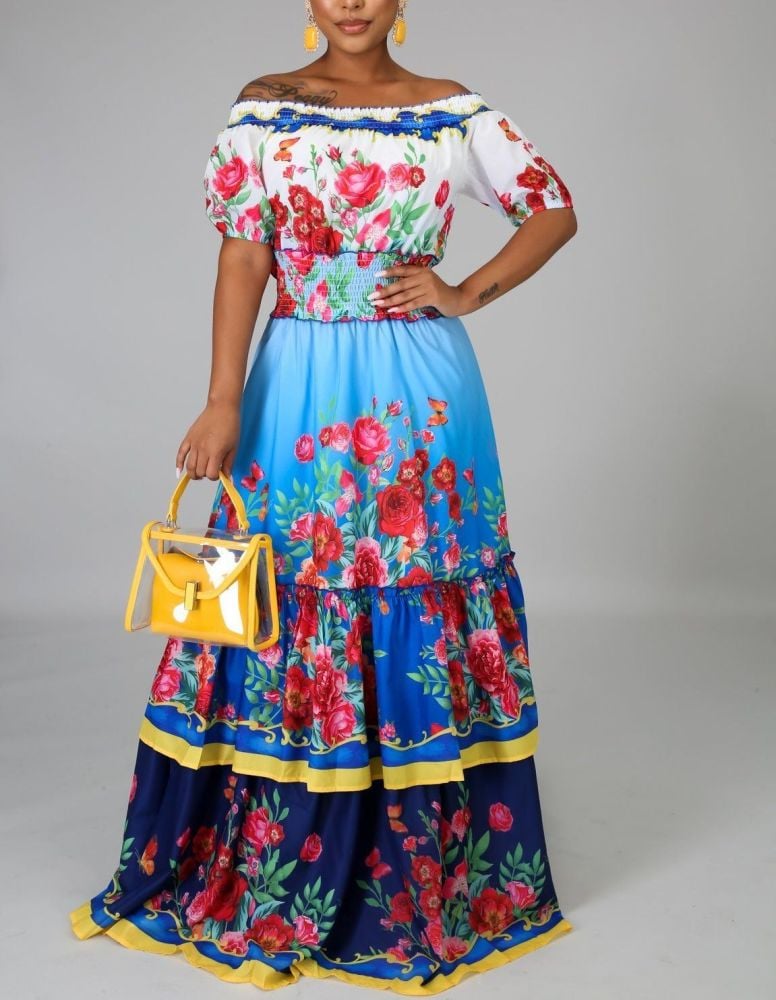 A904 Multi Print Off Shoulder Maxi Dress Size: S