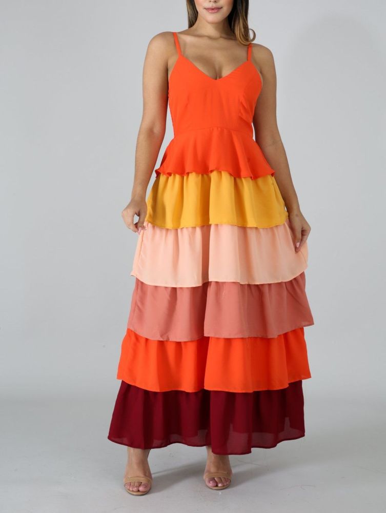 A989 Orange Multi Color Dominican Maxi Dress Size: S