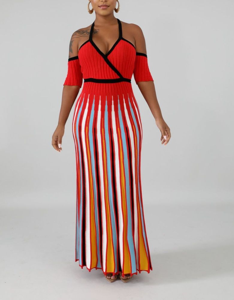 Size: S Red Pleats Stripe Maxi Dress SKU: LRPSM-DS