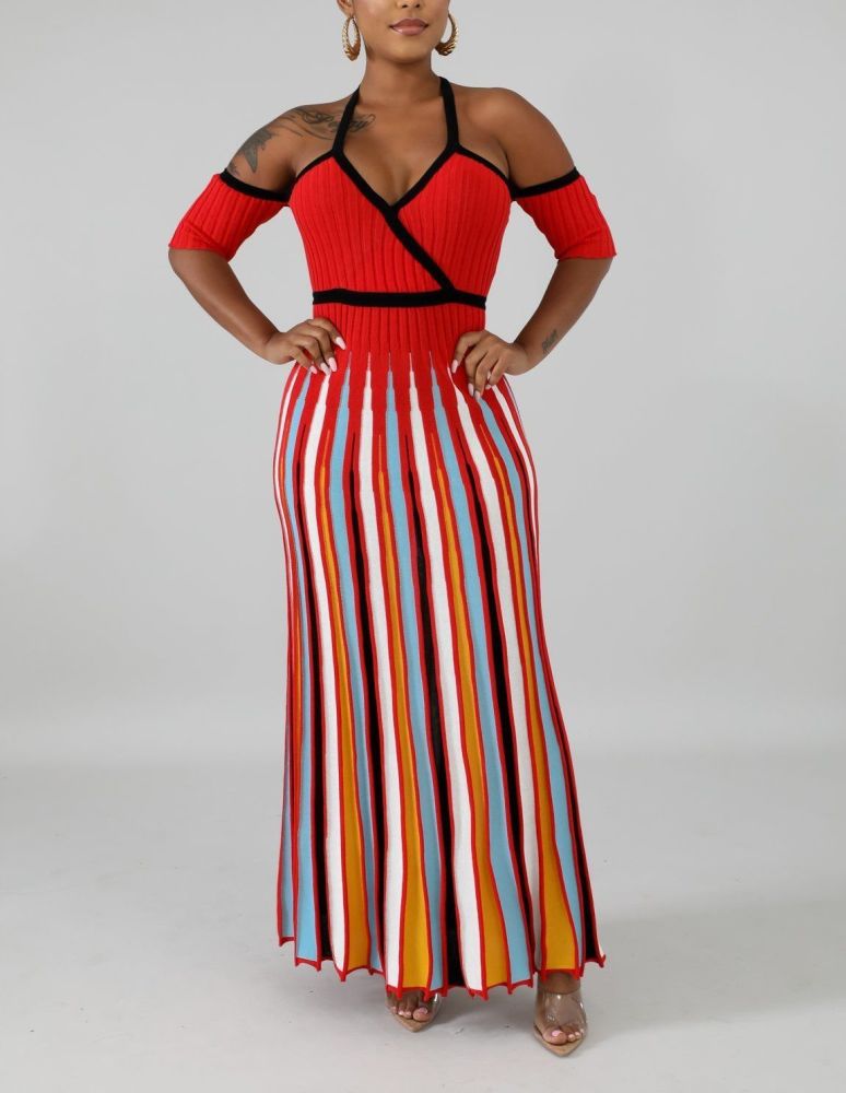 Size: S Red Pleats Stripe Maxi Dress SKU: LRPSM-DS