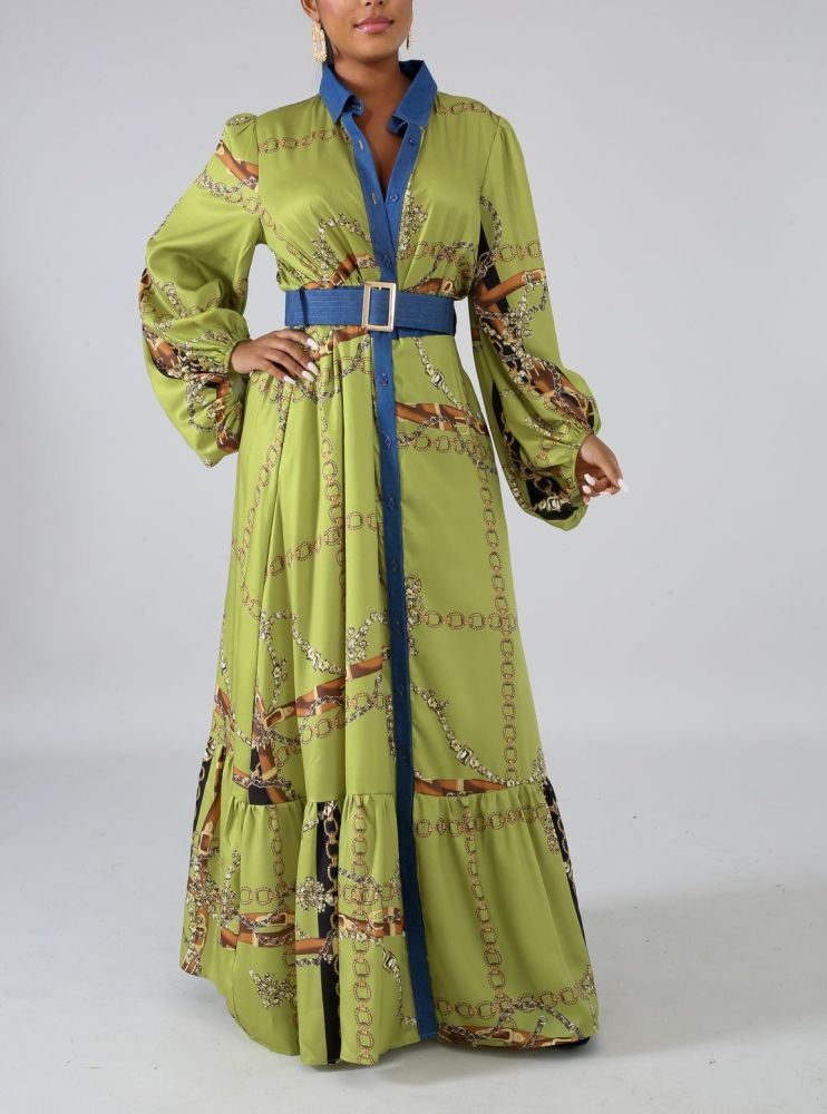 A901 Green Printed Chains Denim Maxi Dress Size: S