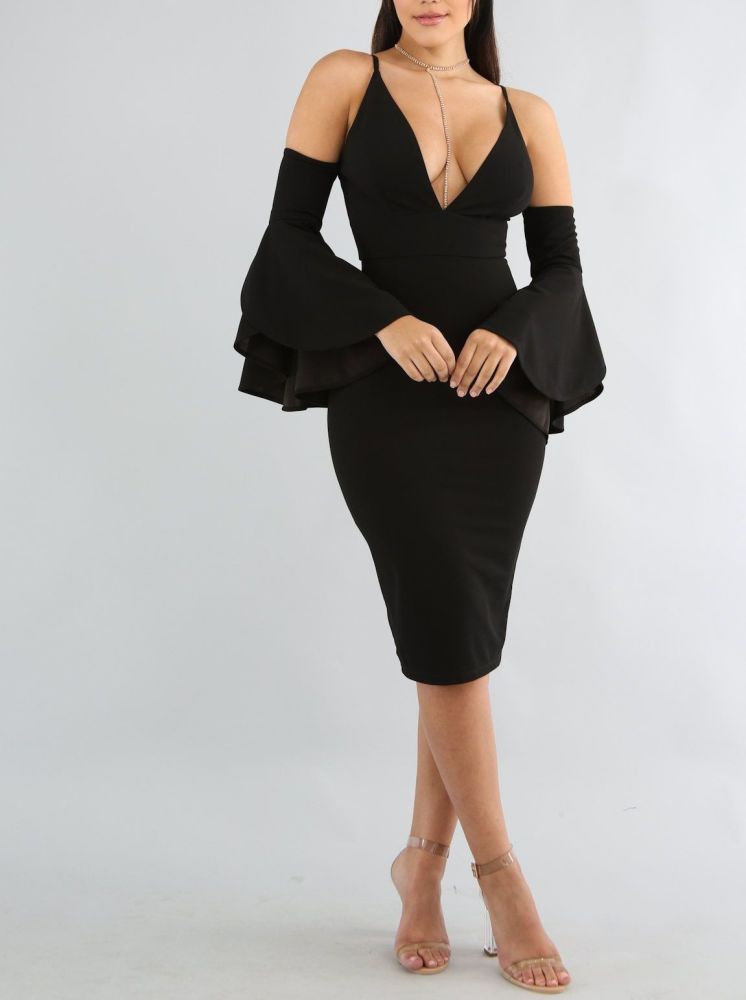 A225 Black Bell Sleeves Body-Con Dress Size: S