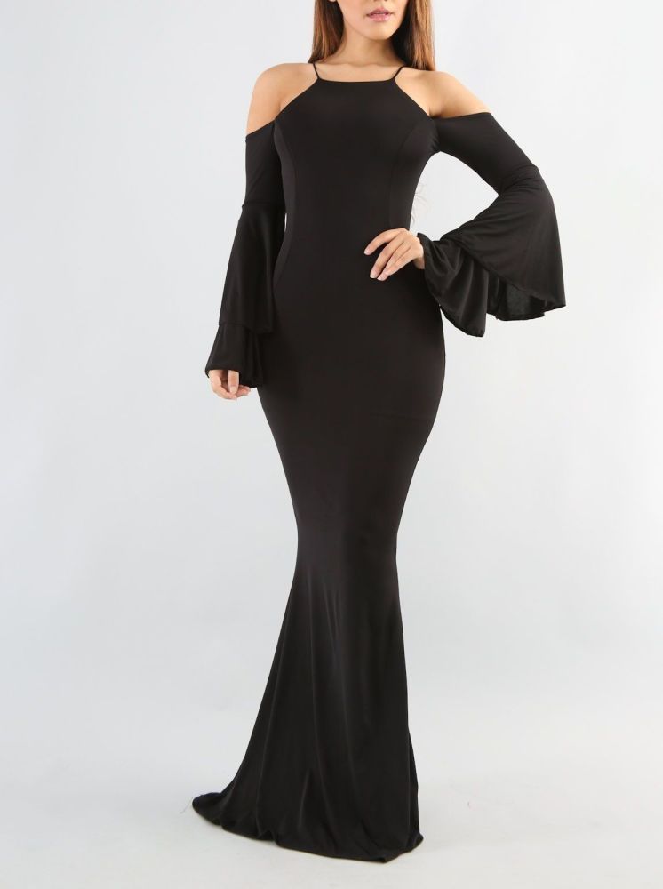 A116 Black Cold Shoulder Flare Maxi Dress Size: S