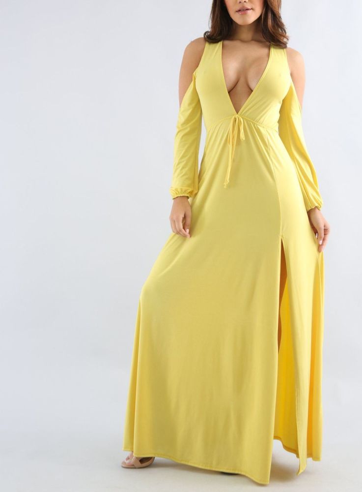 A272 Yellow Off Shoulder Plain Maxi Dress Size: S