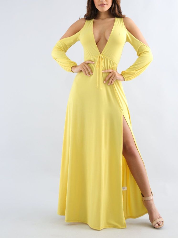 A272 Yellow Off Shoulder Plain Maxi Dress Size: S