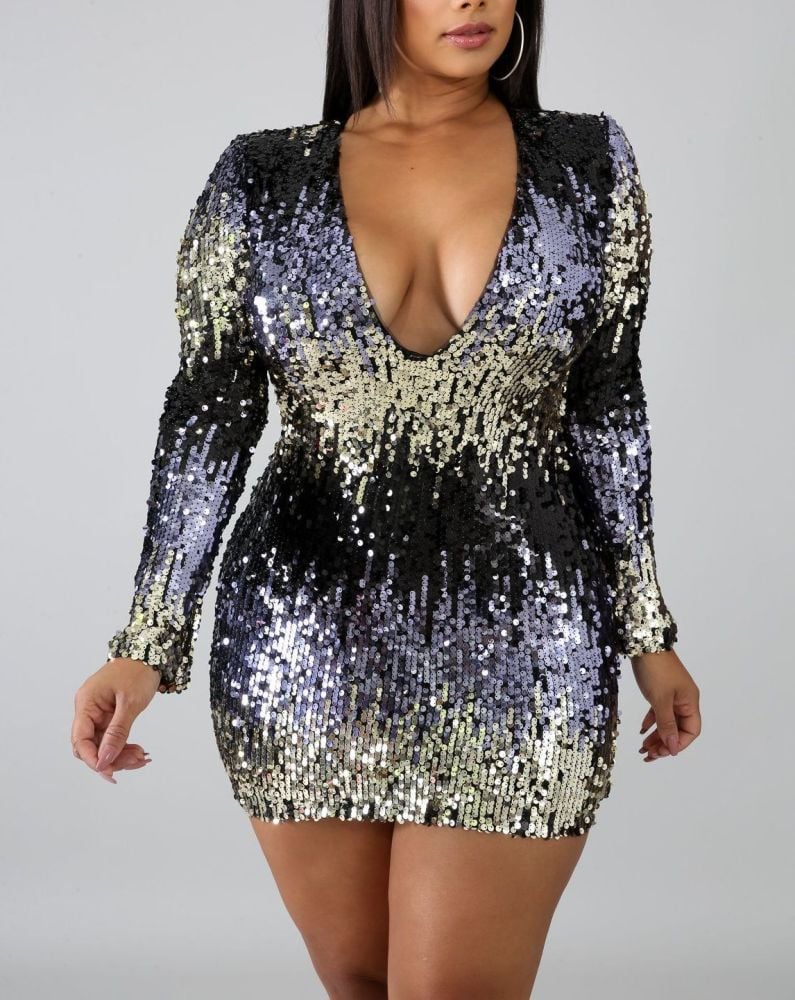 B345 Sequin Gold Long Sleeve Dress Size: M