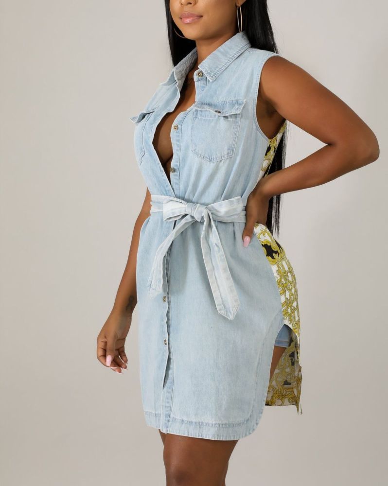 B047 Sleeveless Denim Shirt Dress Size: M