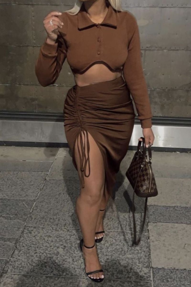 Brown Drawstring Long Sleeve Two-Piece Set Size: L