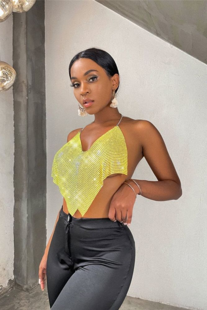 Yellow Rhinestone Lace-up Vest Size: S