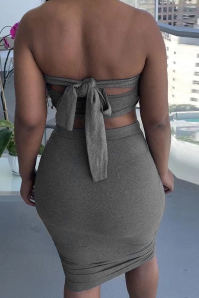 Dark Gray Lace-Up Tube Top Two-Piece Set Size: M