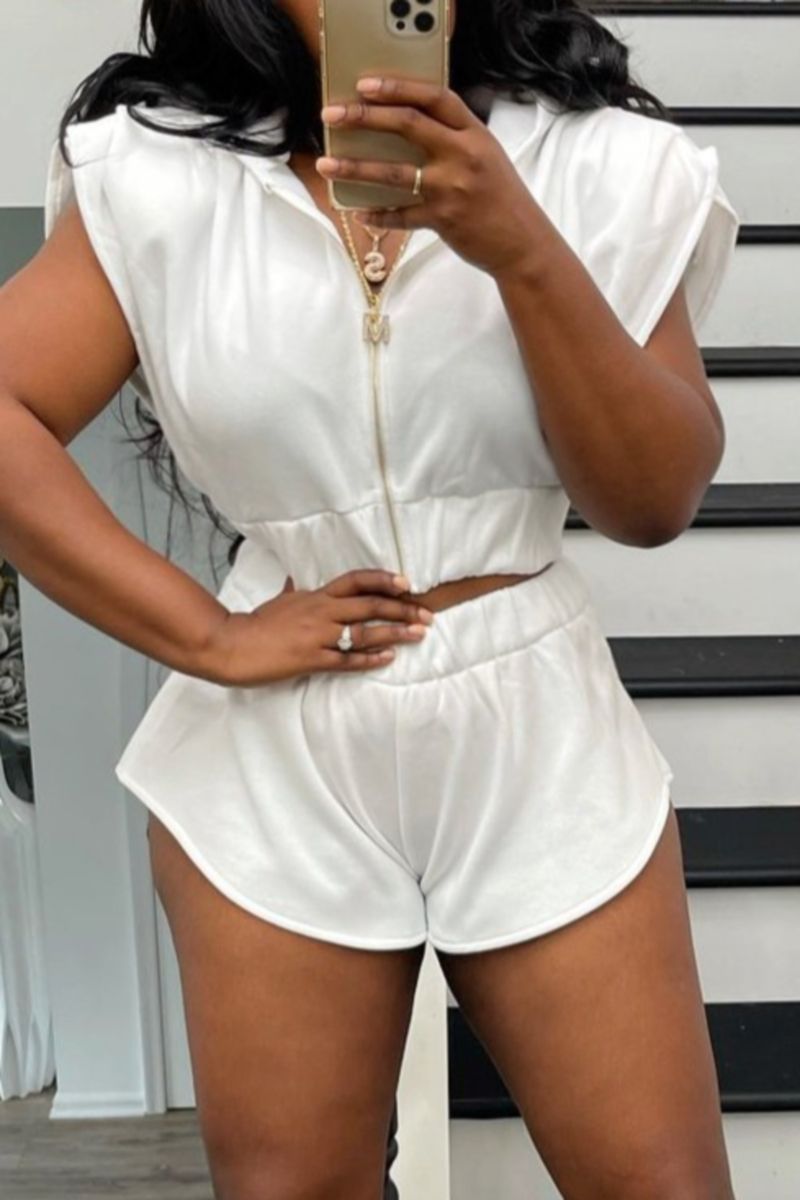 White Shoulder Pad Hooded Two-Piece Set Size: L