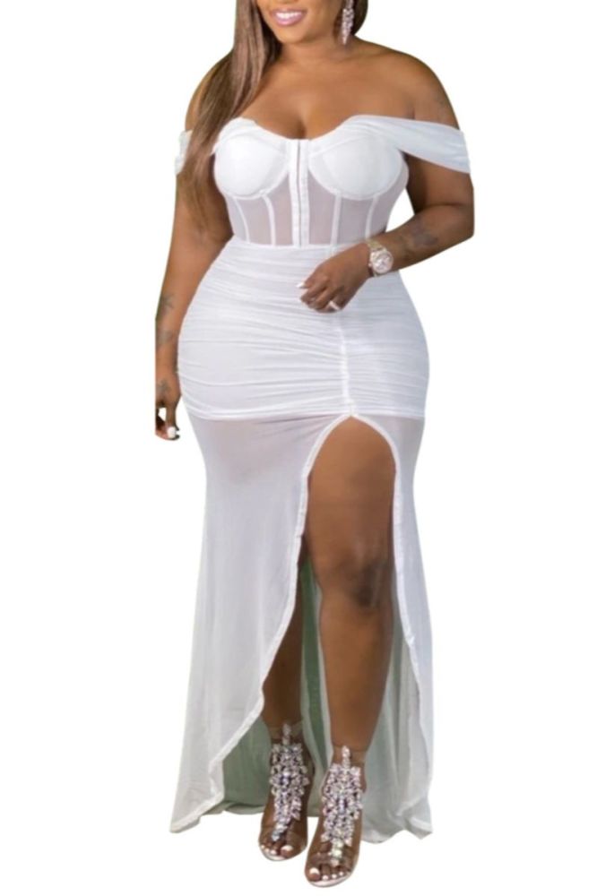 F543 White Mesh Sexy Maxi Dress Size: 2XL