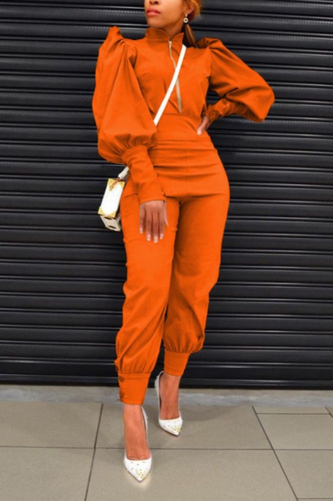 Orange Puff-Sleeve High Waist Two-Piece Set Size: L