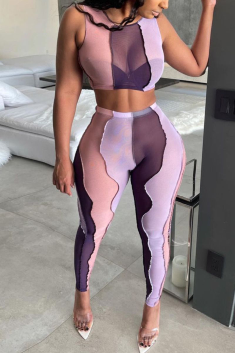 Sleeveless Mesh See Through Stretch Two-Piece Set Size: L