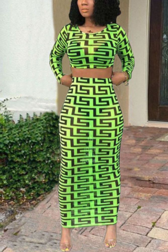 Dark Green Geometric Pattern Long-Sleeve Two-Piece Set Size: L