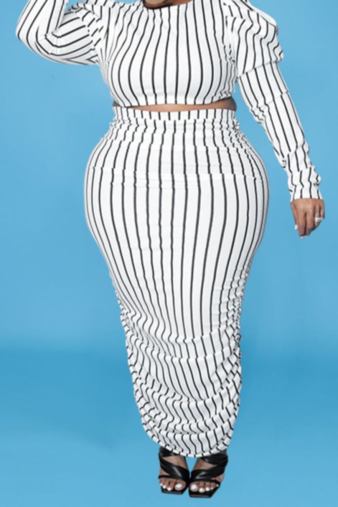 Stripes Vertical Print Stretch Puff-Sleeve Two-Piece Set Size: 2XL