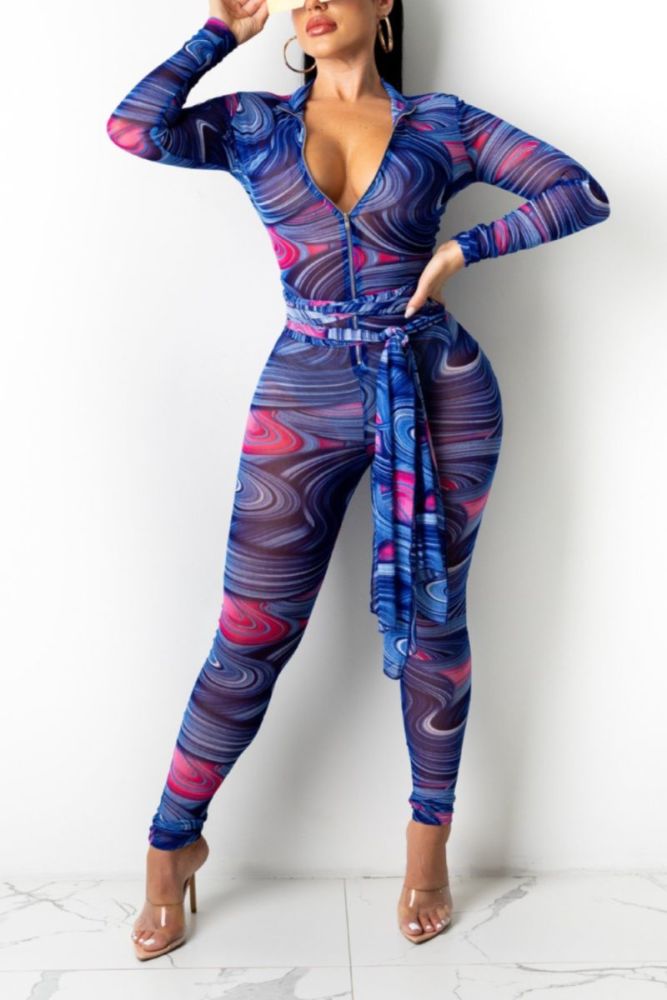 Mesh See Through Printed Jumpsuit Size: 1XL